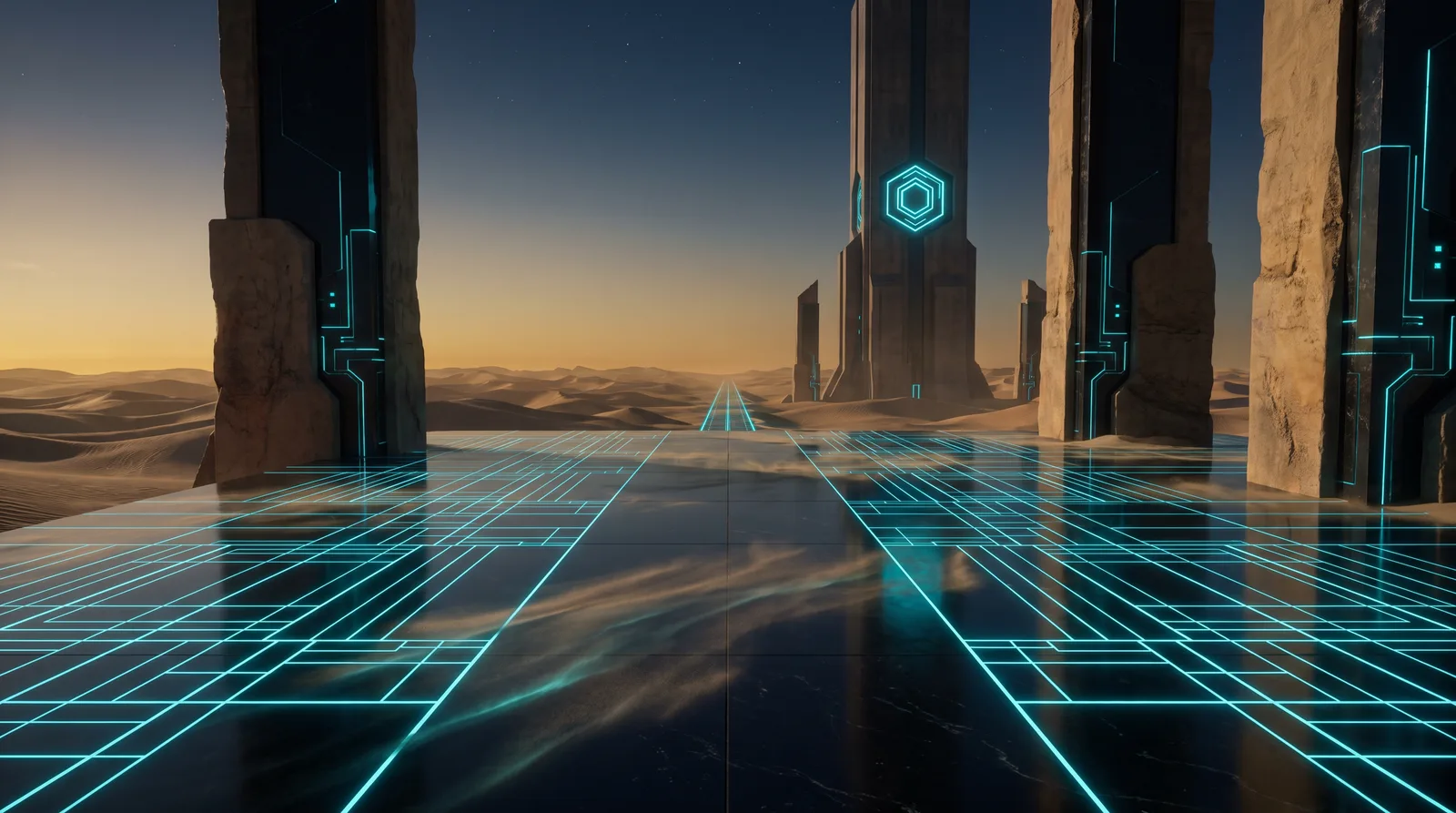 A district of interconnected glass towers linked by glowing skybridges, with a hexagon hologram on the nearest tower.